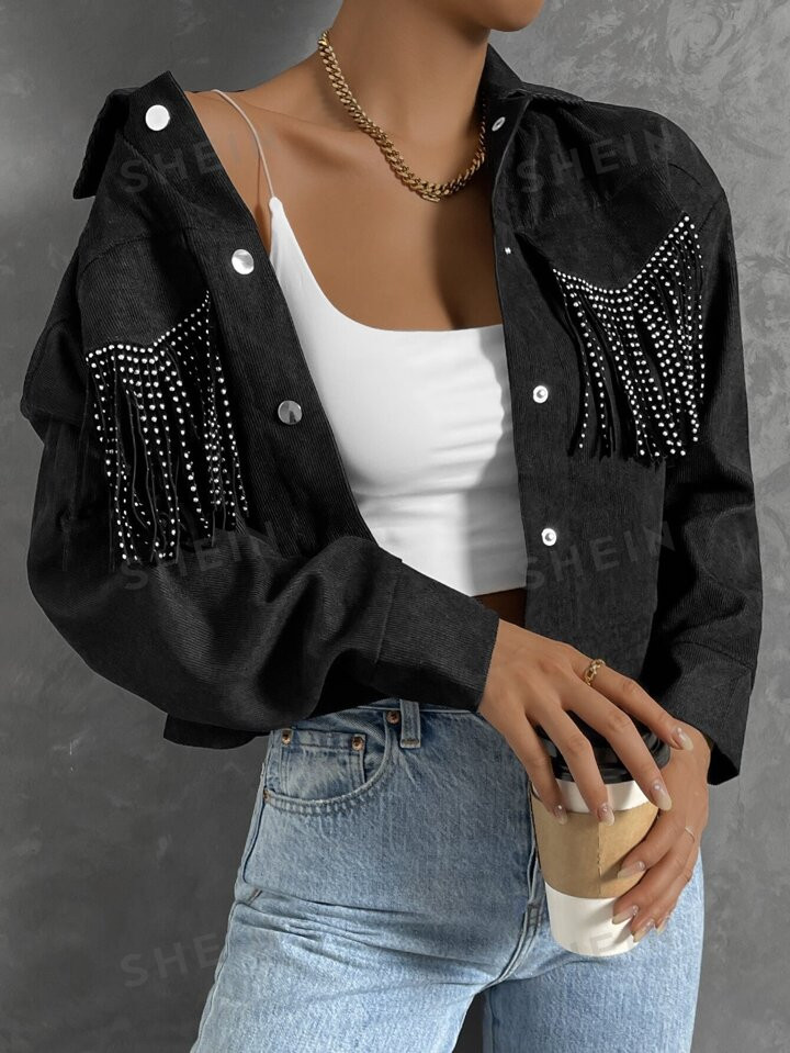 SHEIN Coolane Rhinestone Fringe Trim Crop Jacket | SHEIN