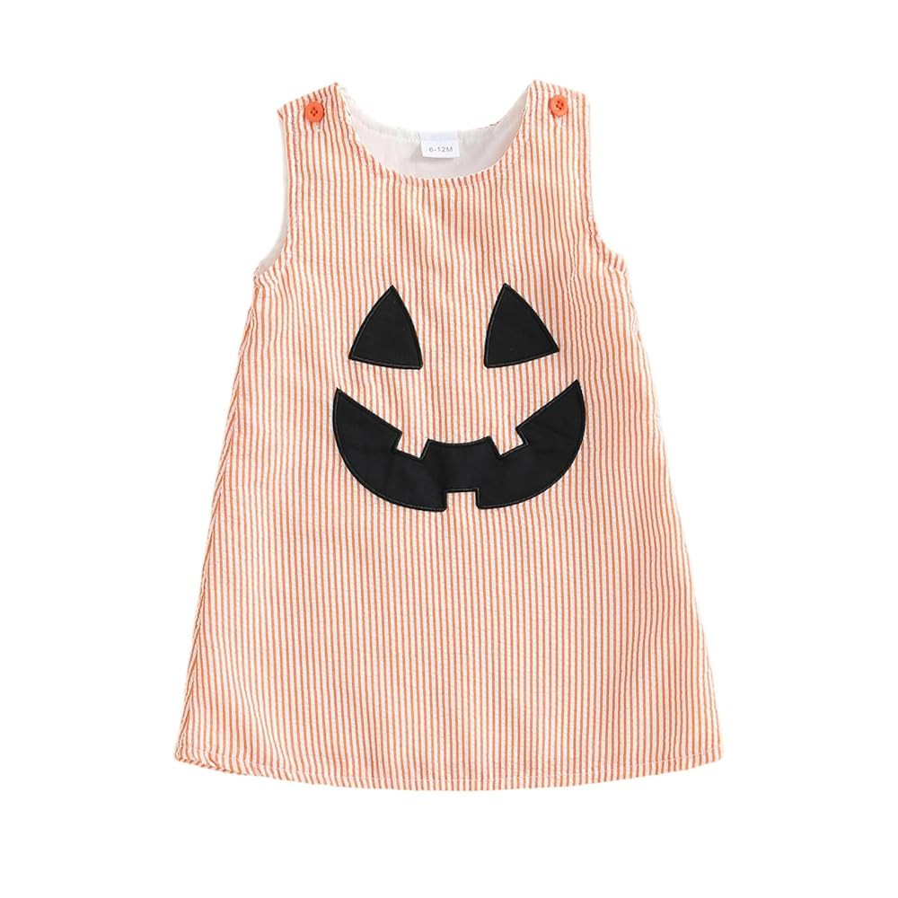 Toddler Baby Girl Halloween Outfit Pumpkin Face Embroidery Dress Striped Sleeveless Tank Dress In... | Amazon (US)
