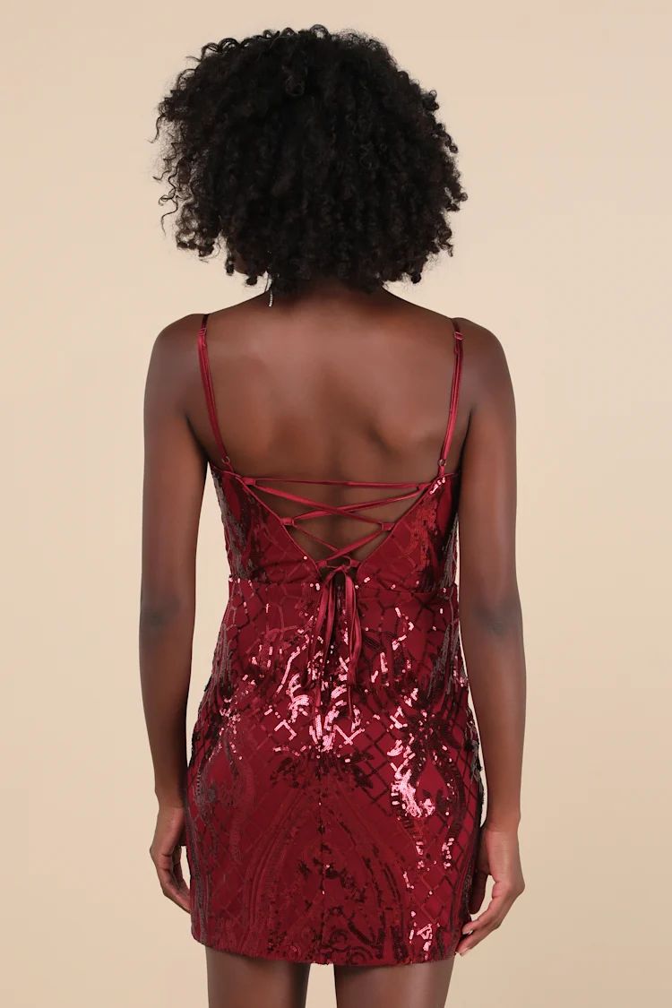 Sparkling Magic Wine Red Sequin Lace-Up Mini Dress | Lulus