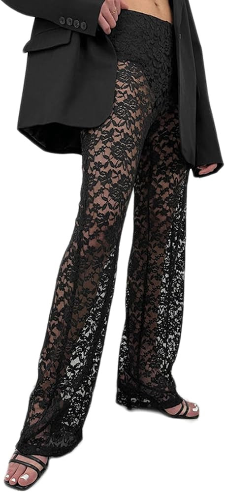 Women's Sexy See Through Lace Pants Transparent Sheer Mesh Straight Leg Pants Hollow Out Slim Tro... | Amazon (US)