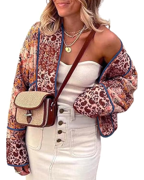 Omoone Women's Cropped Floral Reversible Quilted Jacket Cardigan Printed Lightweight Open Front P... | Amazon (US)