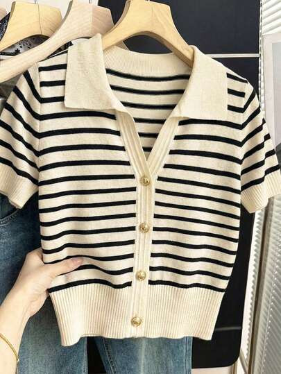 SHEIN Franclia Women's Plus Size New Arrival French Style Vacation Black White Striped Polo Elega... | SHEIN
