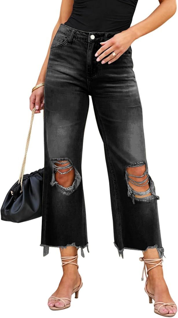 LOLONG High Waisted Ripped Flare Jeans for Women Casual Distressed Pants | Amazon (US)