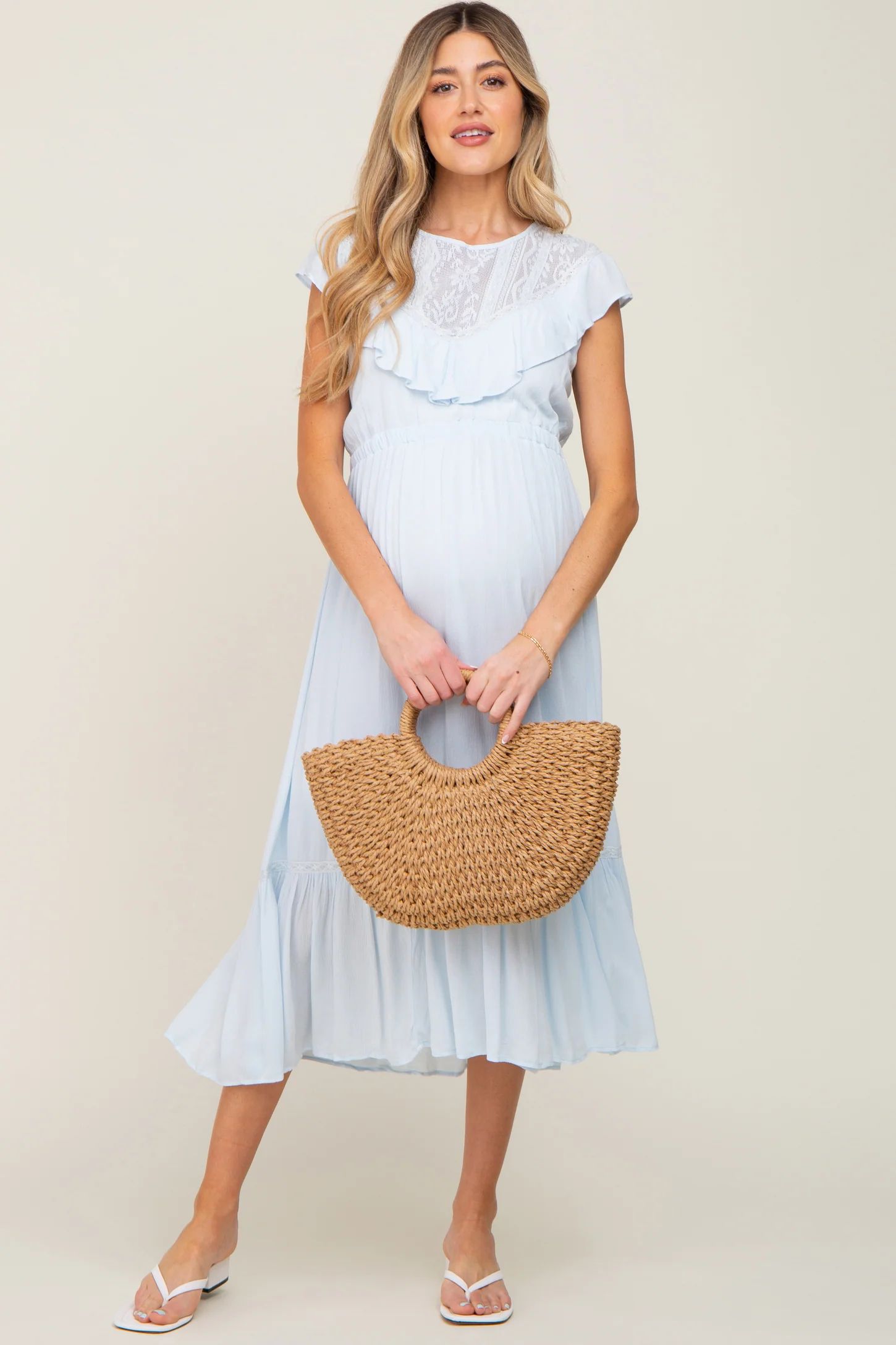 Light Blue Lace Inset Ruffle Maternity Midi Dress | PinkBlush Maternity
