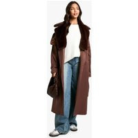 boohoo Women's Fur Trim Trench Coat in Chocolate | Size: 12 | Boohoo.com (UK & IE)