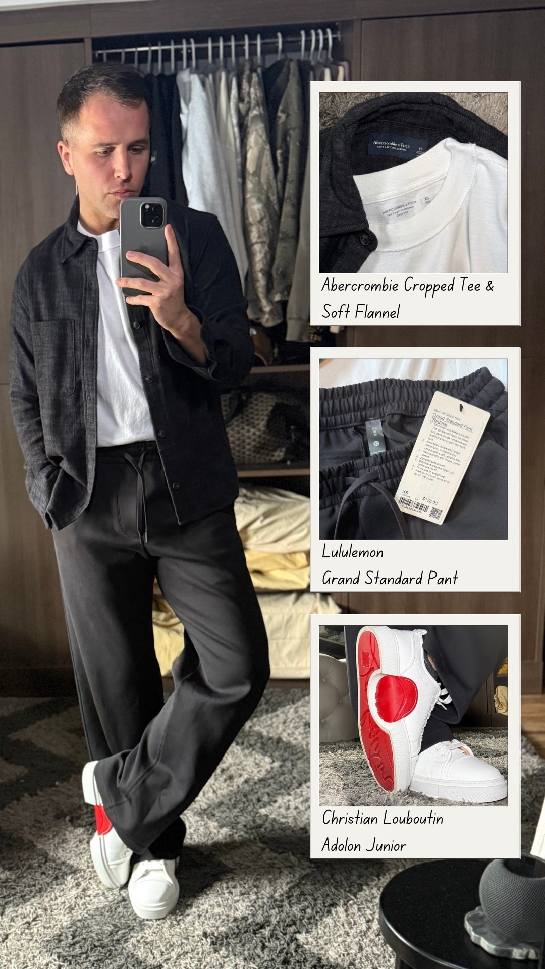 Men’s smart casual outfit idea. Abercrombie cropped tee layered under an Abercrombie soft flannel, paired with Lululemon Grand Standard pants and Christian Louboutin Adolon Junior sneakers. This is an easy elevated casual look. Relaxed tailored pants with a structured overshirt and clean white designer sneakers. Perfect for date night, dinner out, or a polished everyday outfit.
Neutral black and white base with the red sole detail for contrast.

#LTKMens #LTKgrwm #LTKootd
