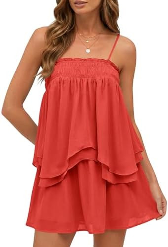 Wenrine Womens Summer Two Piece Skirt Sets Casual Smocked Cami Tops Mini Skirts Ruffle Tiered Flo... | Amazon (US)