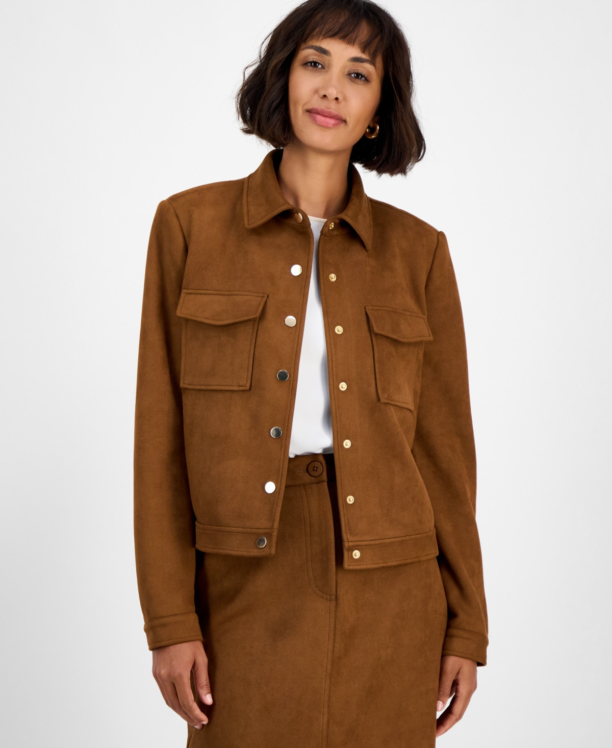 T Tahari Women's Faux-Suede Snap-Front Long-Sleeve Jacket - Sherwood Camel | Macy's
