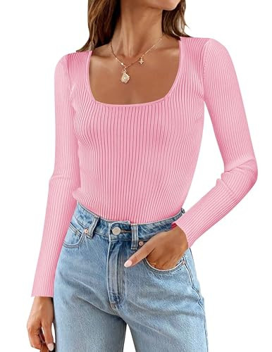 ZESICA Women's 2025 Long Sleeve Square Neck T Shirts Slim Fitted Elegant Spring Ribbed Knit Casual Tee Tops,HotPink,Large | Amazon (US)
