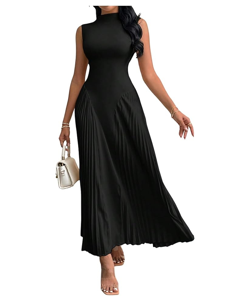 WDIRARA Women's Pleated Tight-Fitting A Line Lone Dress Summer Stand Collar Sleeveless Tank Dress... | Amazon (US)