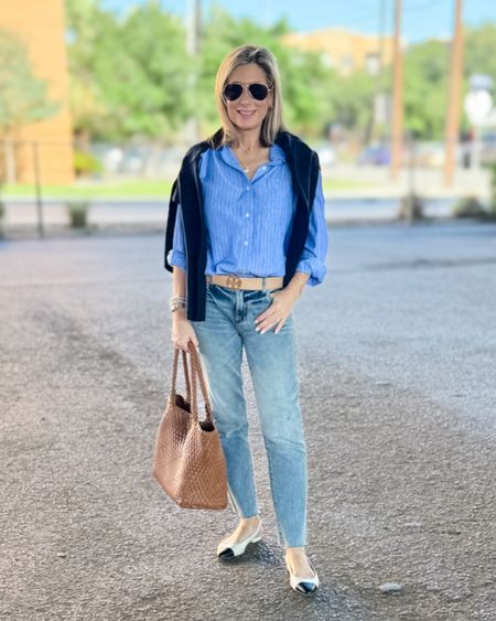 Went for a preppy casual look for dinner last night. The blouse is a classic look, but it’s made of a wrinkle resistant synthetic material which makes it easier to layer under pieces. Runs TTS (wearing a small). The jeans come in lots of different washes-not sure which exact one this is and run big, so size down one. My belt is reversible and in hindsight I should have flipped it to the tan side. My jewelry is all from the @kendrascott demi fine collection and they layer so nicely together! Swap out the jeans for trousers and you have an easy work look too!

#springoutfit #preppy #casualoutfit #captoe #fashionover40 #fashionover50 #jeans #amazonfinds 

#LTKstyletip #LTKshoecrush #LTKover40