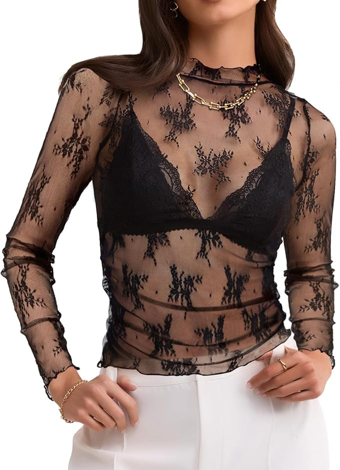 LEANI Women's 2024 Sheer Mesh Crop Top Long Sleeve Mock Neck Lace Floral See Through Y2K Shirt Bl... | Amazon (US)