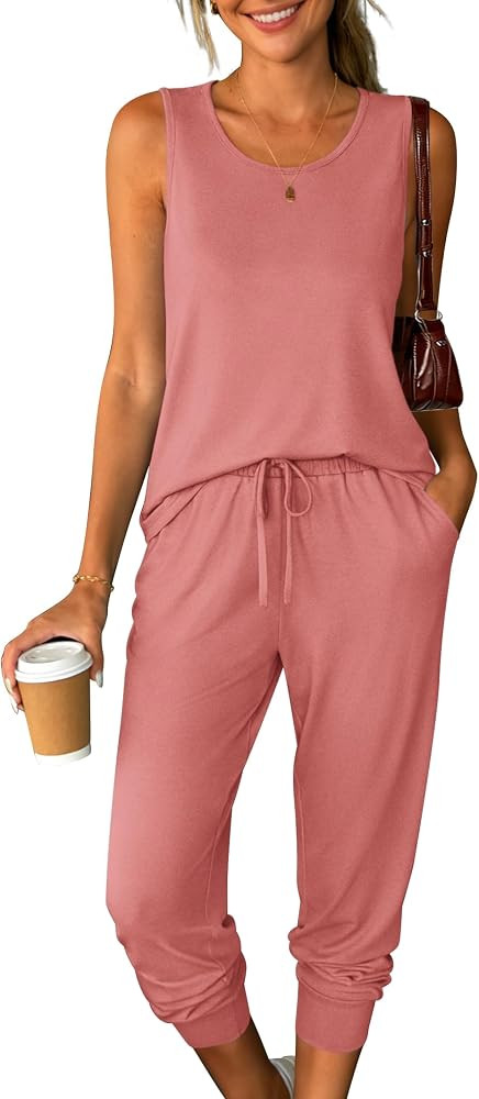 Womens Two Piece Lounge Sets 2026 Summer Sleeveless Outfits Crewneck Tank Tops Joggers Pants Trav... | Amazon (US)