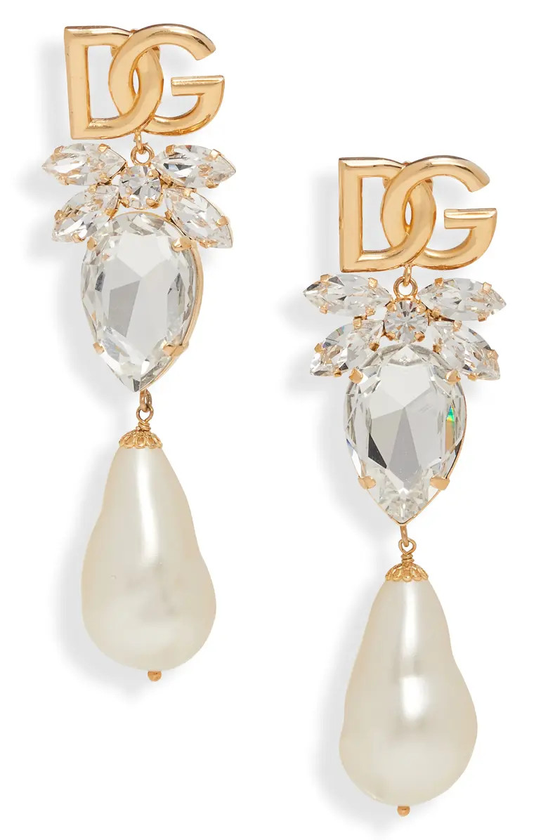 Dolce&Gabbana DG Logo Imitation Pearl & Crystal Drop Earrings | Nordstrom | Nordstrom