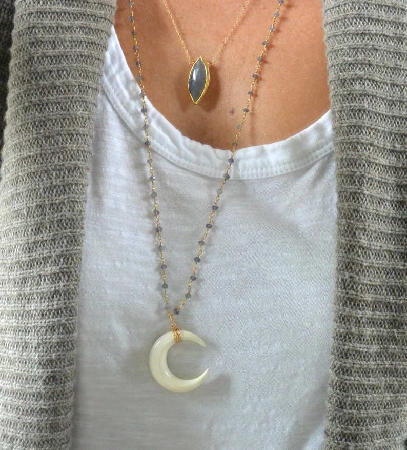 Sideways Double Horn Necklace, Crescent Moon Necklace, Carved Bone Necklace, Gemstone Beaded Chai... | Etsy (US)