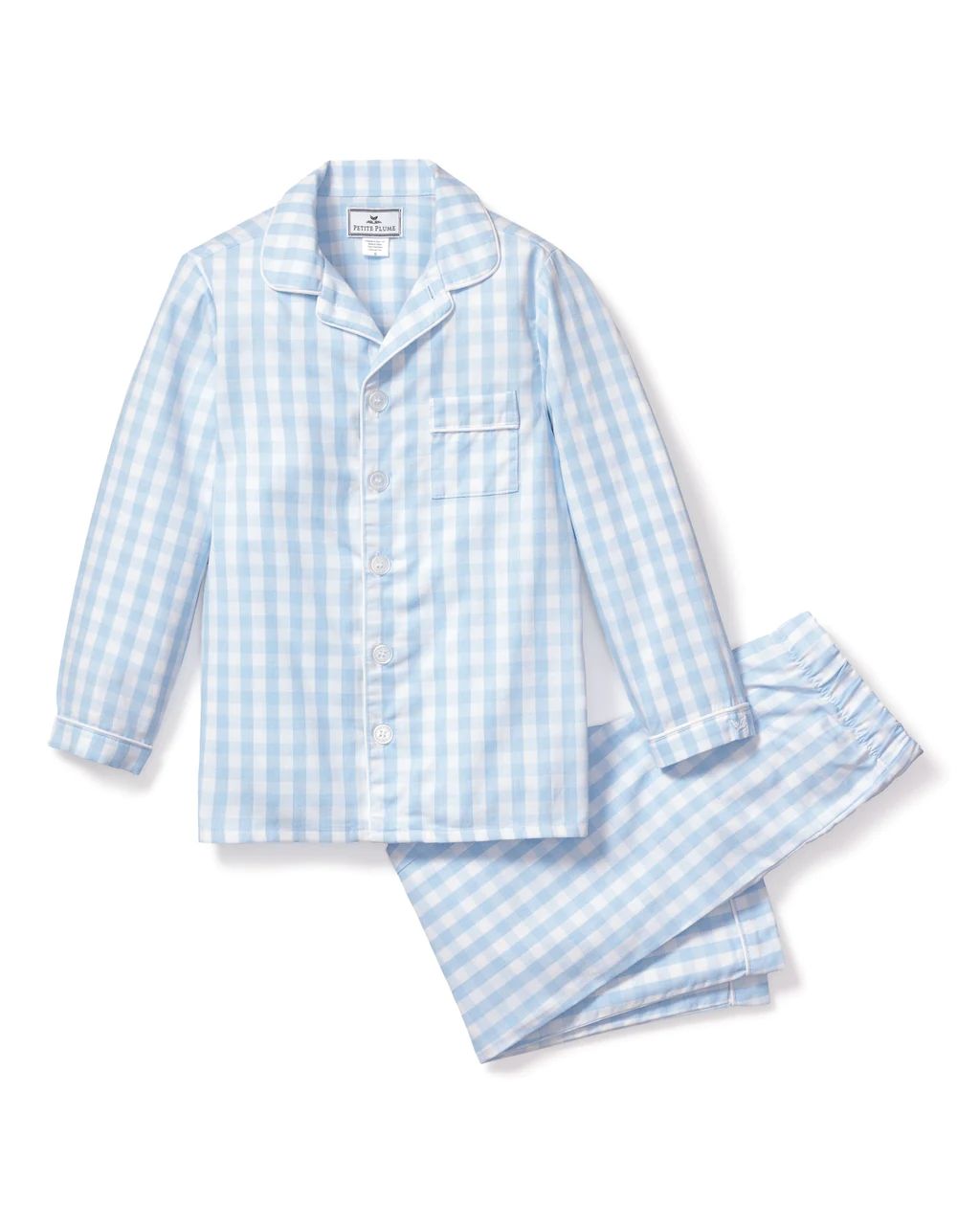 Kid's Twill Pajama Set in Light Blue Gingham | Petite Plume