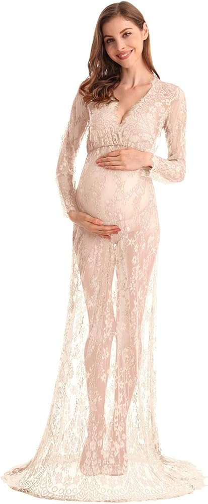 MYRISAM Boudoir Maternity Long Sleeve Lace Dress Women Deep V-Neck Wedding Party Long Dress Milk ... | Amazon (US)