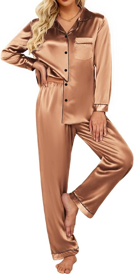Ekouaer Silk Satin Pajamas Women's Long Sleeve Pj Set Soft Button Down 2 Piece Sleepwear Loungewe... | Amazon (US)