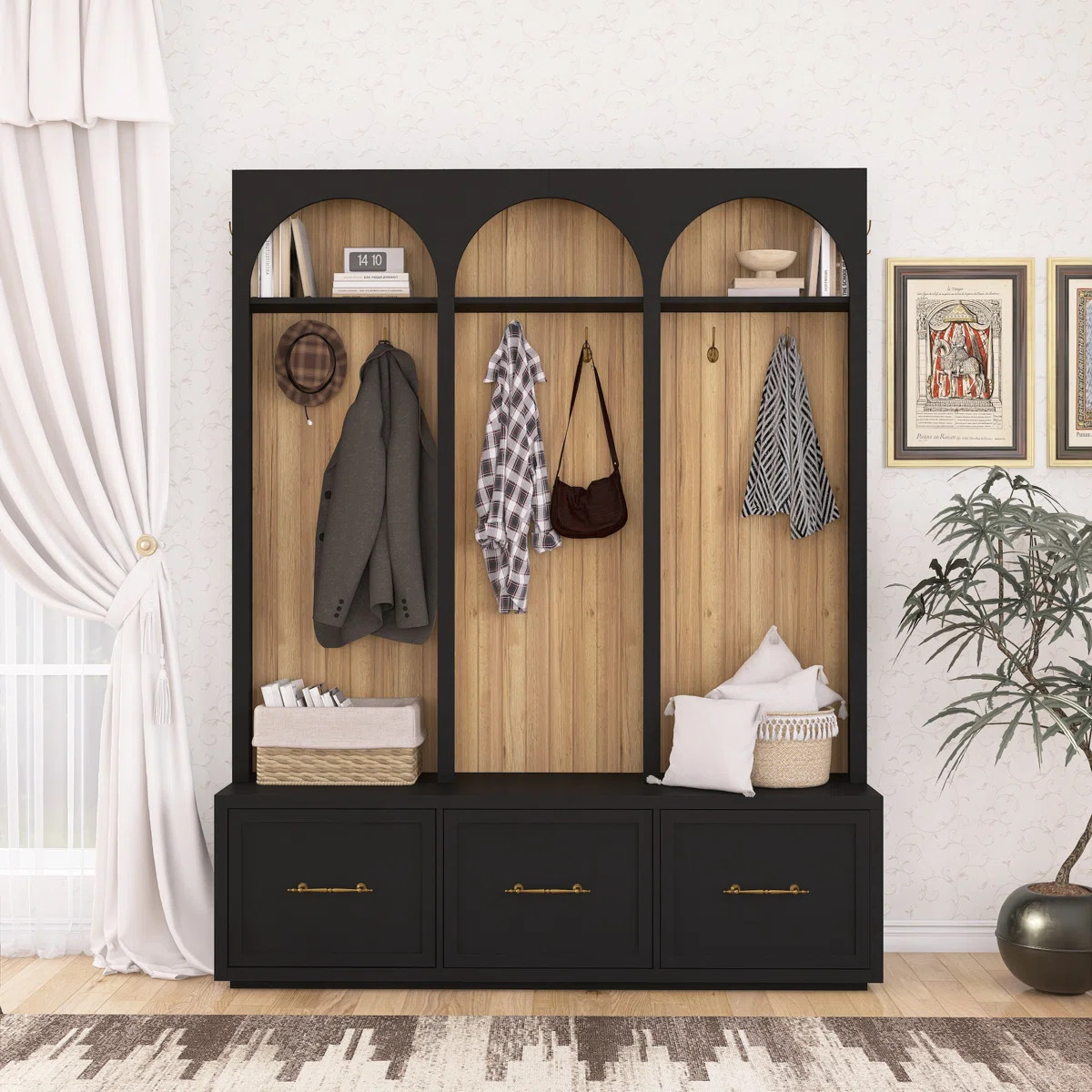 74.8"H Farmhouse Hall Tree Entryway Bench With Hooks & Drawers | Wayfair North America