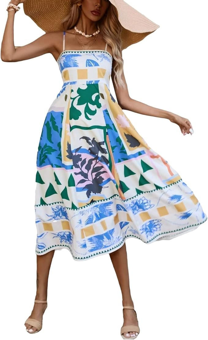Beach Dresses for Women 2025 Vacation Spaghetti Strap Graffiti Maxi Dress Graphic A Line Swing Lo... | Amazon (US)