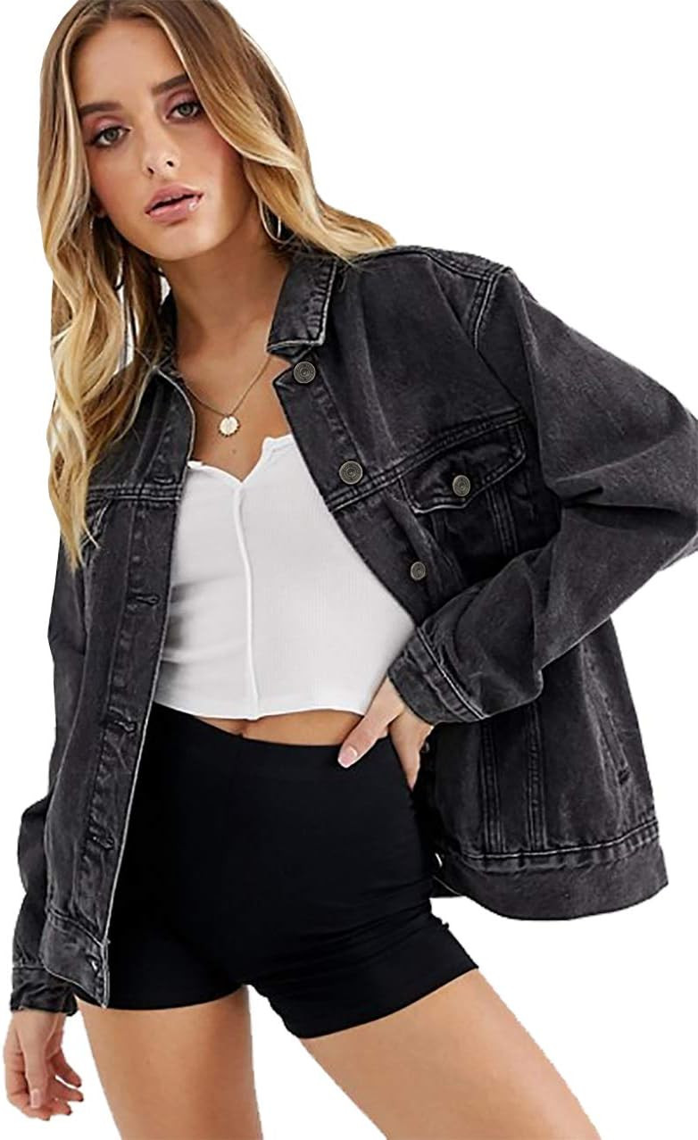 Cantonwalker Women's Oversize Vintage Washed Boyfriend Denim Jacket Long Sleeve Classic Loose Jean Trucker Jacket 003 | Amazon (US)