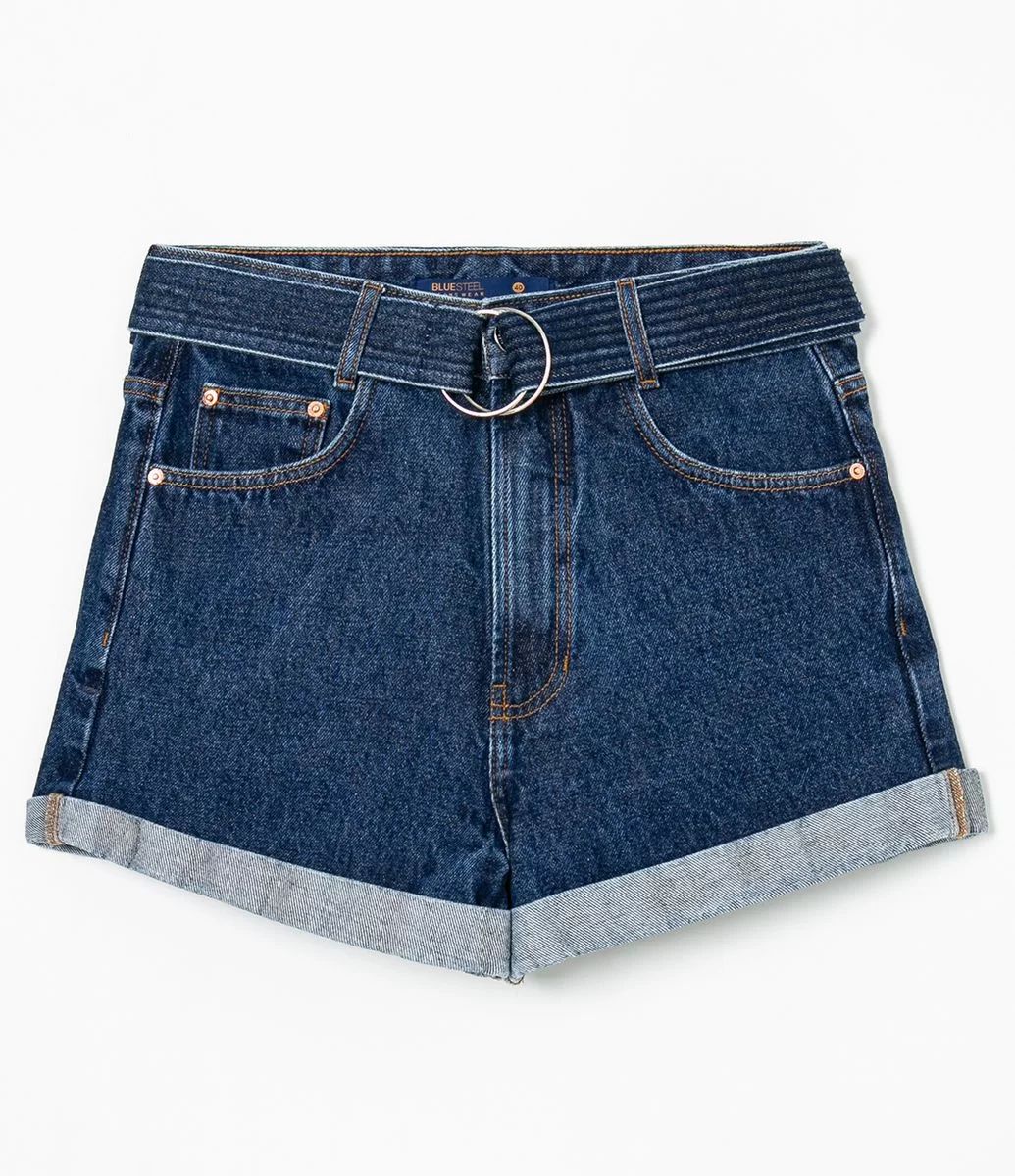 Short Mom Jeans com Cinto Pespontado e Duas Argolas  Azul  - Lojas Renner | Lojas Renner BR