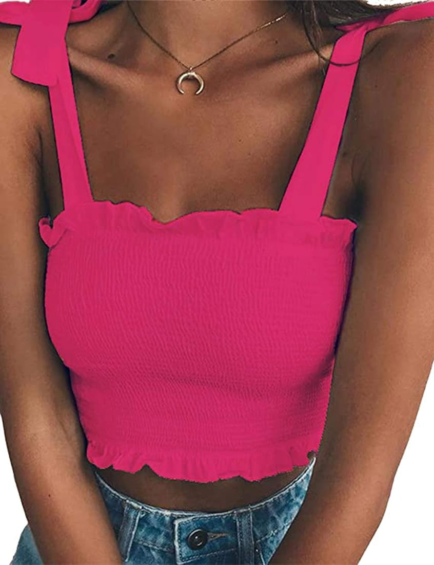 KAMISSY Women's Frill Smocked Crop Tank Top Tie Shoulder Strap Vest | Amazon (US)