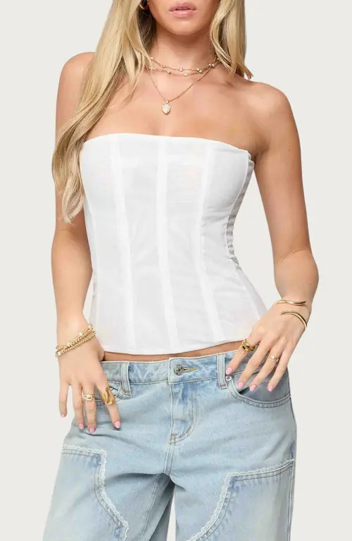 EDIKTED Reed Sheer Mesh Strapless Top in White at Nordstrom, Size Small | Nordstrom