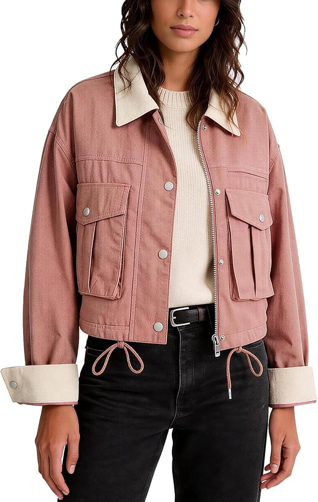 Flygo Womens Cropped Jacket 2026 Trendy Contrast Collar Barn Jacket Zip Up Oversized Utility Coat... | Amazon (US)
