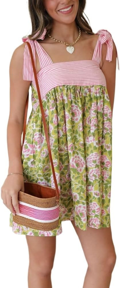 Womens Boho Floral Mini Dress Summer Cottagecore Striped Flowy Smocked Spaghetti Strap Coquette V... | Amazon (US)