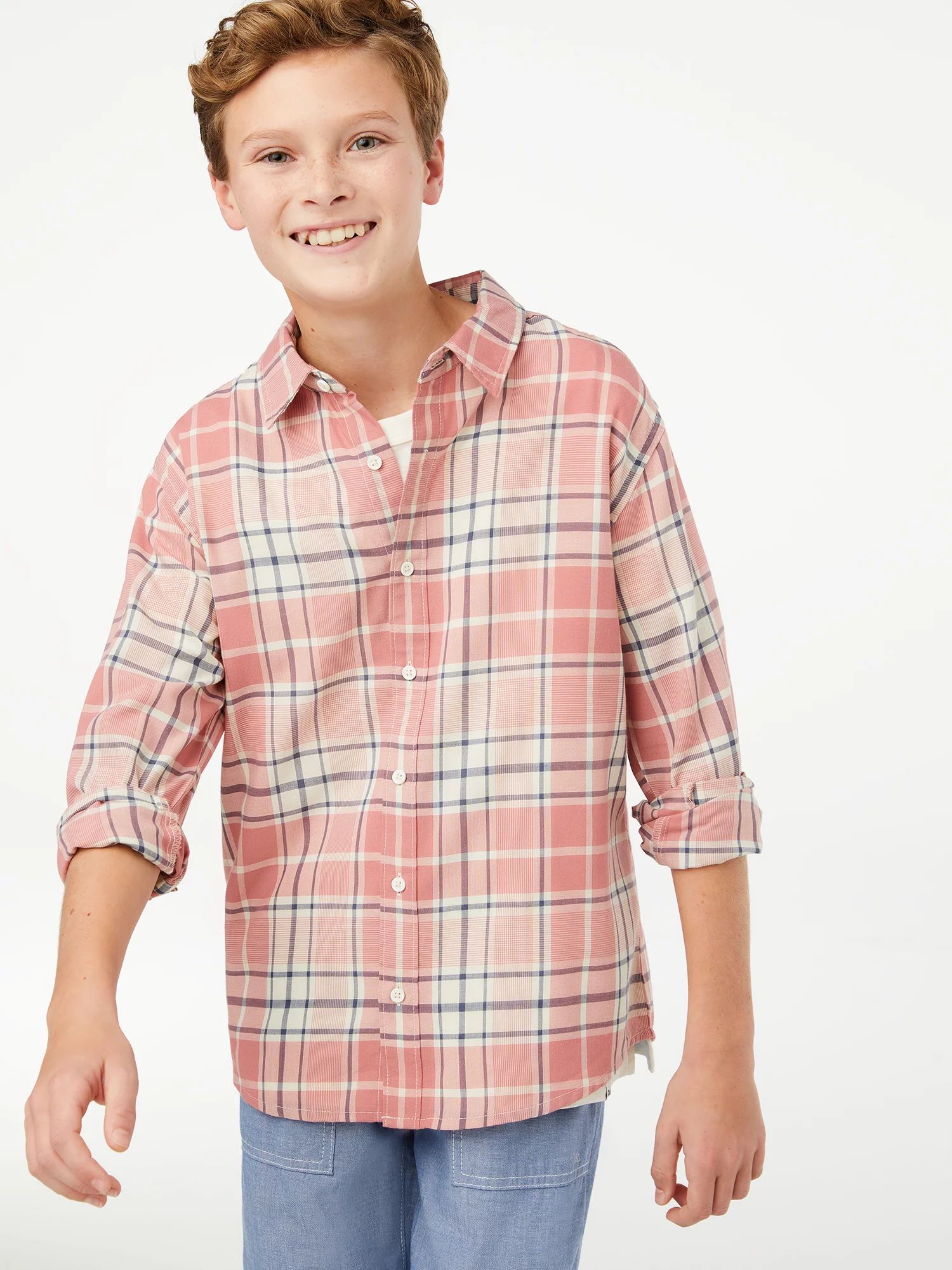Free Assembly Boys Woven Button Down Plaid Shirt, Sizes 4-18 | Walmart (US)