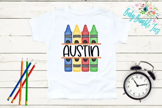 Crayon Name Shirt // Boys School Shirt // Back To School Shirt // First Day Of School // Toddler ... | Etsy (US)