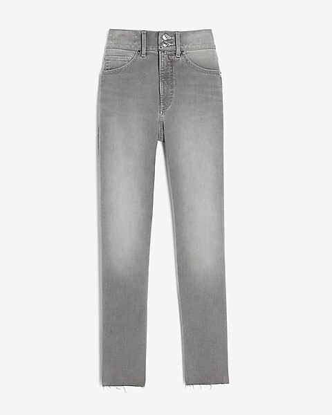 Super High Waisted Supersoft Gray Raw Hem Slim Jeans | Express