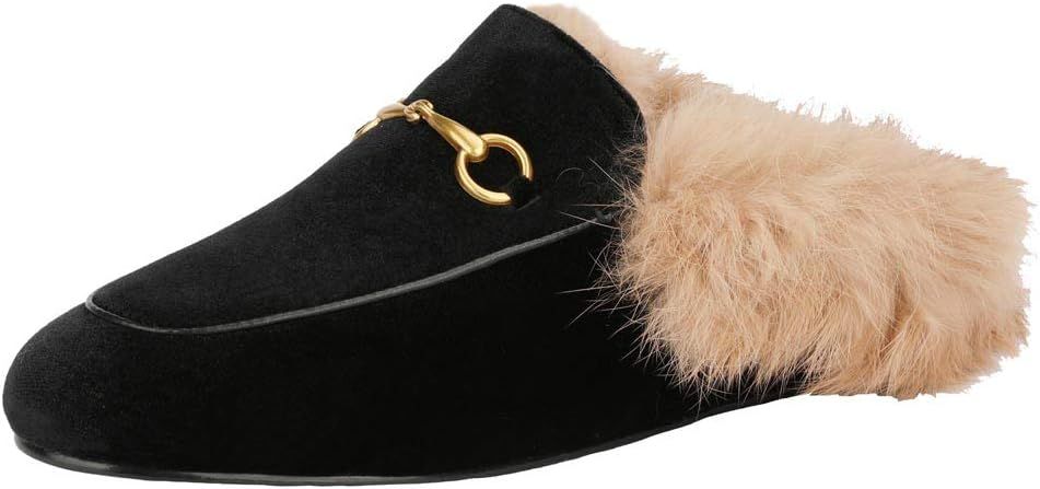 Fur Mules for Women Leather Low Heel Loafers Pointed Toe Rabbit Furny Mule Flats Backless Slides | Amazon (US)