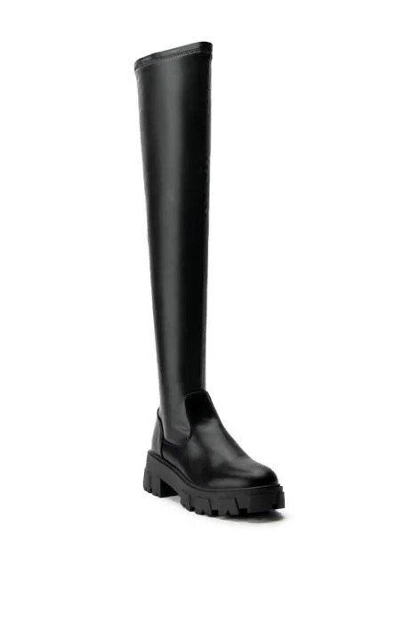 AZALEA WANG LATE NIGHTS OVER THE KNEE FLATFORM BOOT WITH 4 WAY STRETCH IN BLACK | AKIRA