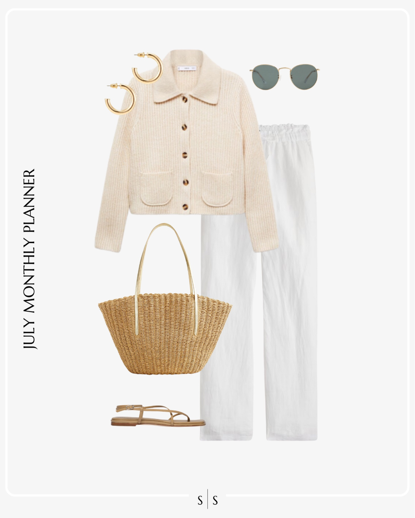 Monthly outfit planner JULY: Summer looks | cardigan, linen pants, straw tote bag, nude strap sandals, Summer accessories 

See the entire calendar on thesarahstories.com ✨ 

#LTKStyleTip