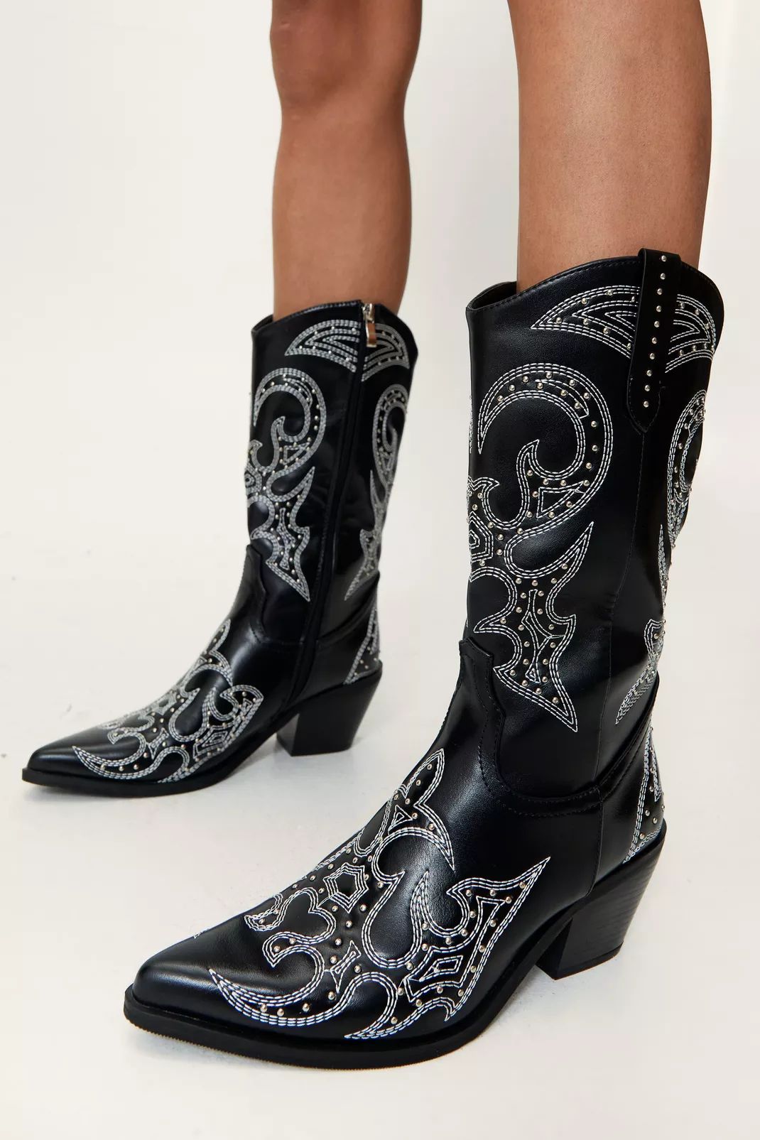 Faux Leather Contrast Stitch Cowboy Boots | Nasty Gal (US)