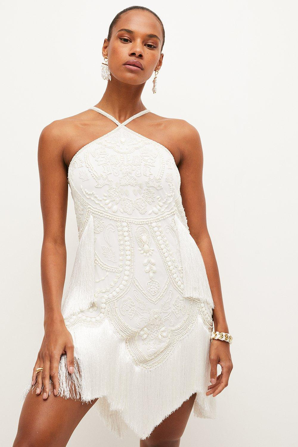 Fringed Beaded Halter Mini Dress | Karen Millen UK + IE + DE + NL