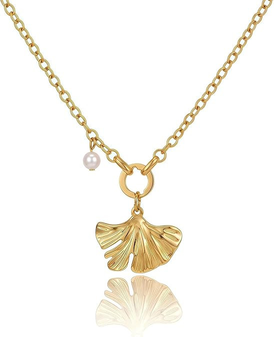 Harlermoon Ginkgo Leaf Pendant Necklace for Women, 18K Gold Plated Stainless Steel Dainty Choker,... | Amazon (US)