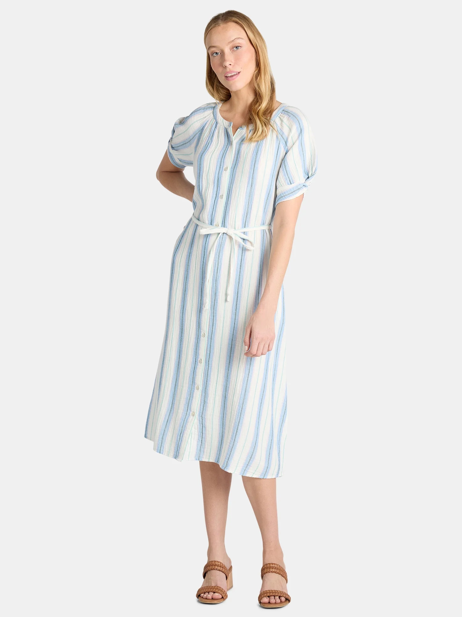 Time and Tru Women’s and Women’s Plus Cotton Double Cloth Midi Dress, Sizes XS-4X | Walmart (US)