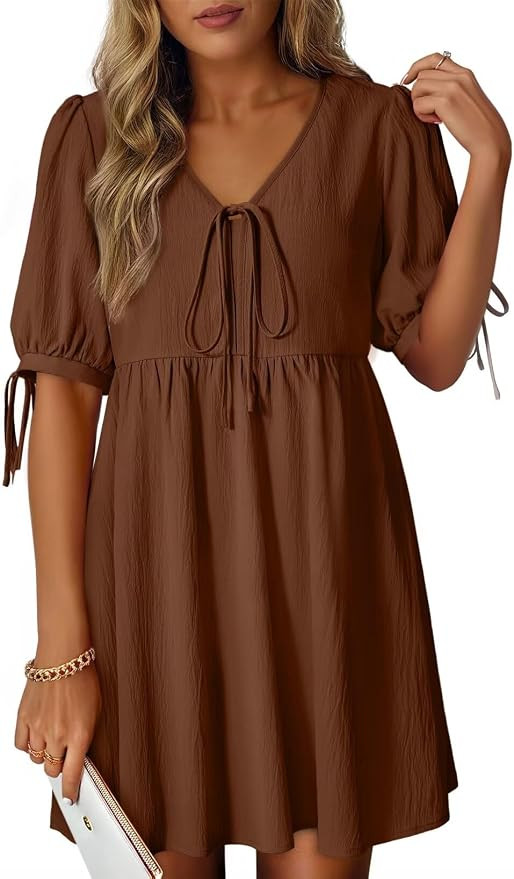 Dokotoo Summer Dresses for Women 2026 Casual V Neck Bow Tie Short Sleeve Empire Waist A-Line Mini... | Amazon (US)
