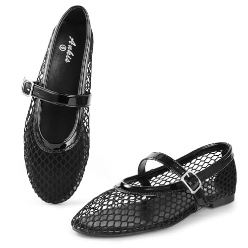 Ankis Mesh Flats Sandals for Women, Black Mesh Ballet Womens Flat Sandals Comfortable Mary Jane Fishnet Flat Shoes for 2025 Dressy Summer | Amazon (US)