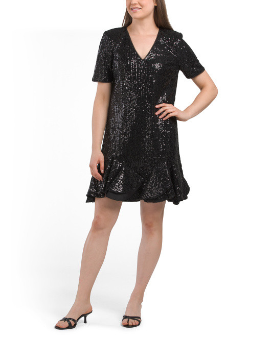 Sequined Mini Cocktail Dress With Flounce Hem | TJ Maxx
