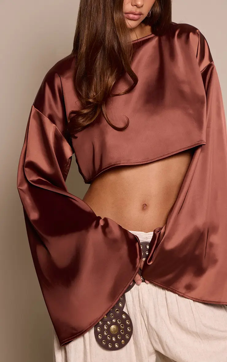 Chocolate Satin Flared  Long Sleeve Floaty Top | PrettyLittleThing UK