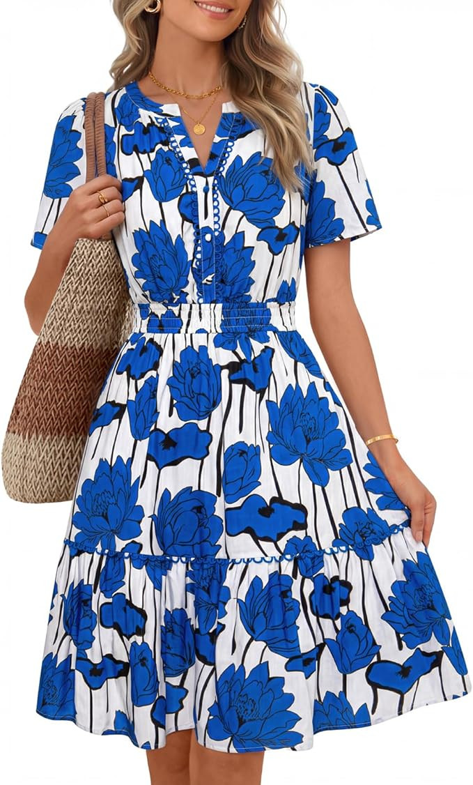 MEROKEETY Women's 2026 Spring Summer Floral Dress V Neck Short Sleeve Button A Line Boho Beach Fl... | Amazon (US)