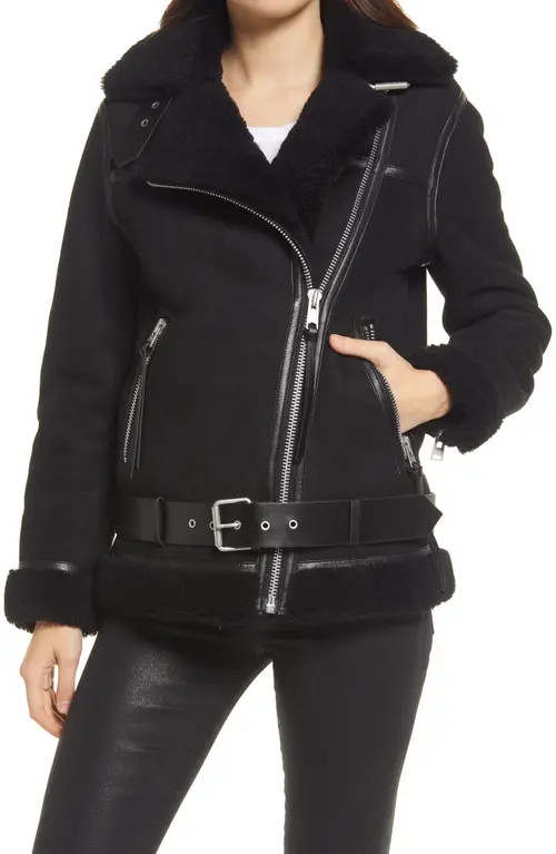 AllSaints Rei Genuine Shearling Biker Jacket in Black/Black at Nordstrom, Size Medium | Nordstrom