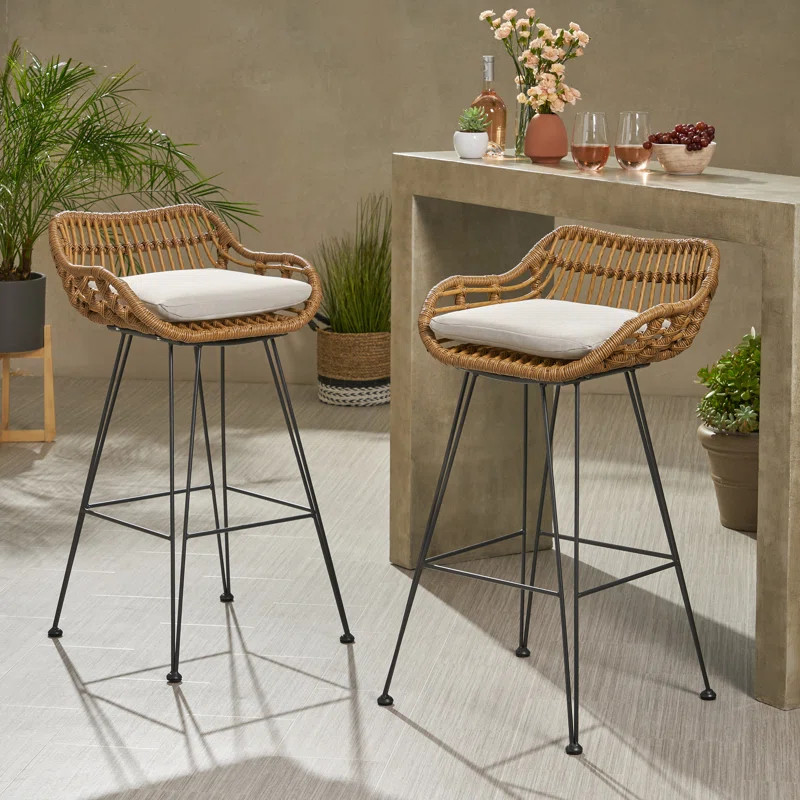 Endicott Lucrezia Wicker 30" Patio Bar Stool with Cushion (Set of 2) | Wayfair North America