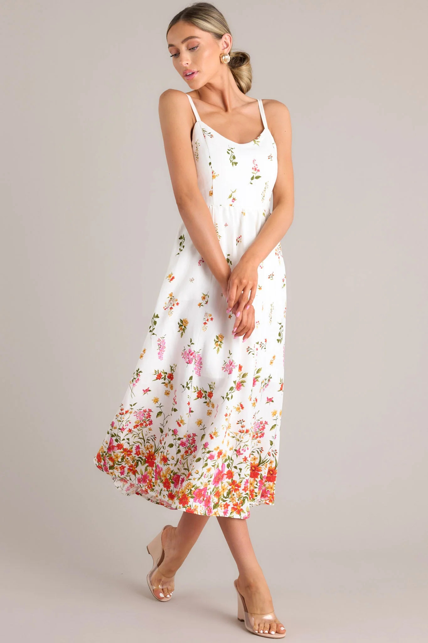 Botanical Queen Ivory Floral Linen Midi Dress | Red Dress