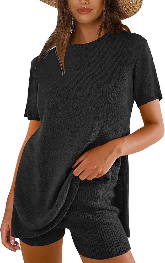 ANRABESS Women 2 Piece Outfits Summer Knit Short Sets Casual Sweater Top & Shorts Lounge Set Beac... | Amazon (US)