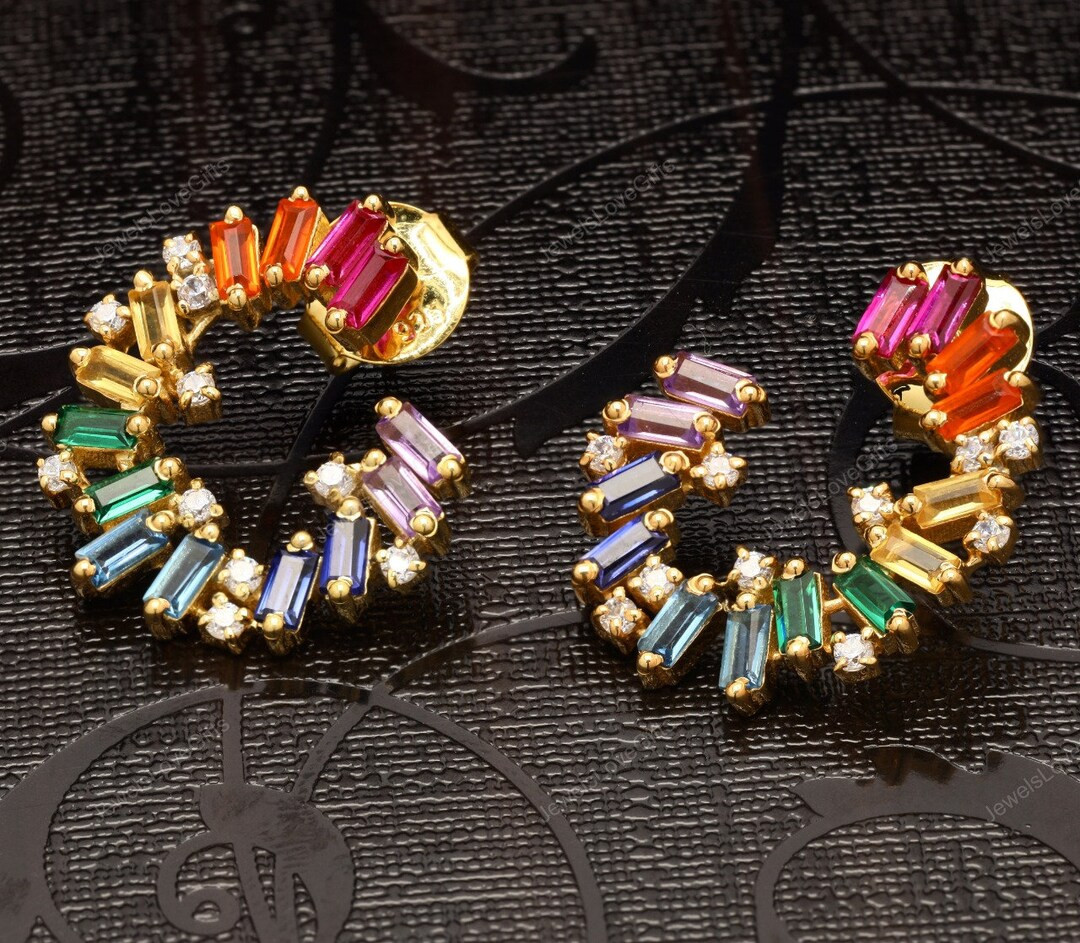 Natural Rainbow Sapphire Earrings, Multi colored Sapphire Stud Earrings, 14K Gold Multi Sapphire ... | Etsy (US)